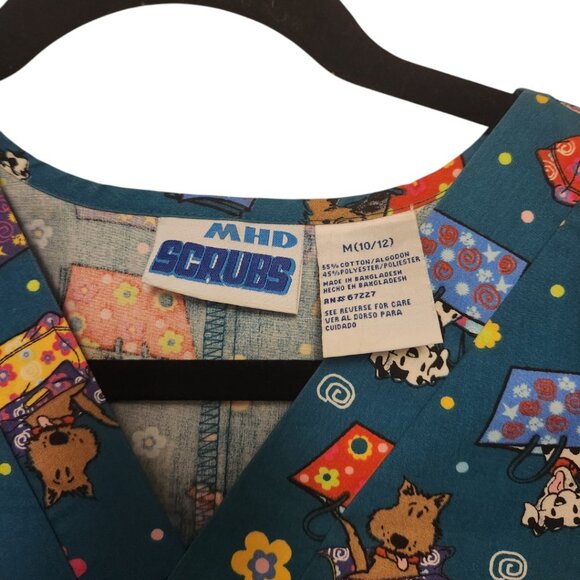 MHD Scrubs Teal Dog Floral Print Scrubs Top Size M 10/12 - Picture 3 of 5